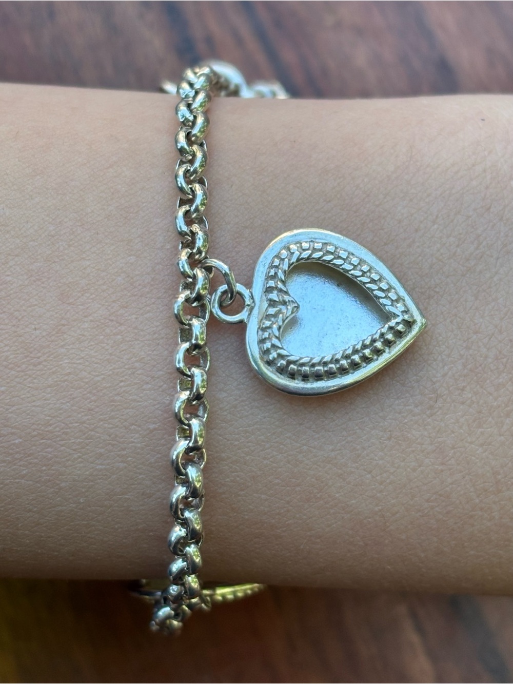 Vintage 925 Sterling Silver Heart Charm Toggle Bracelet 7”